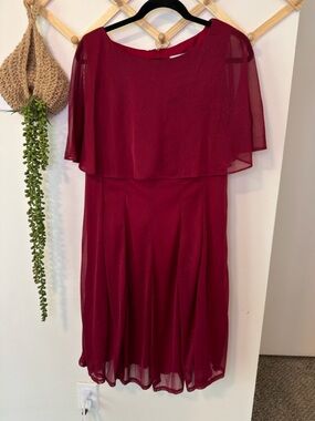 J. Taylor Cocktail Dress Chiffon 16 Burgundy Glitter Capelet Overlay Flutter